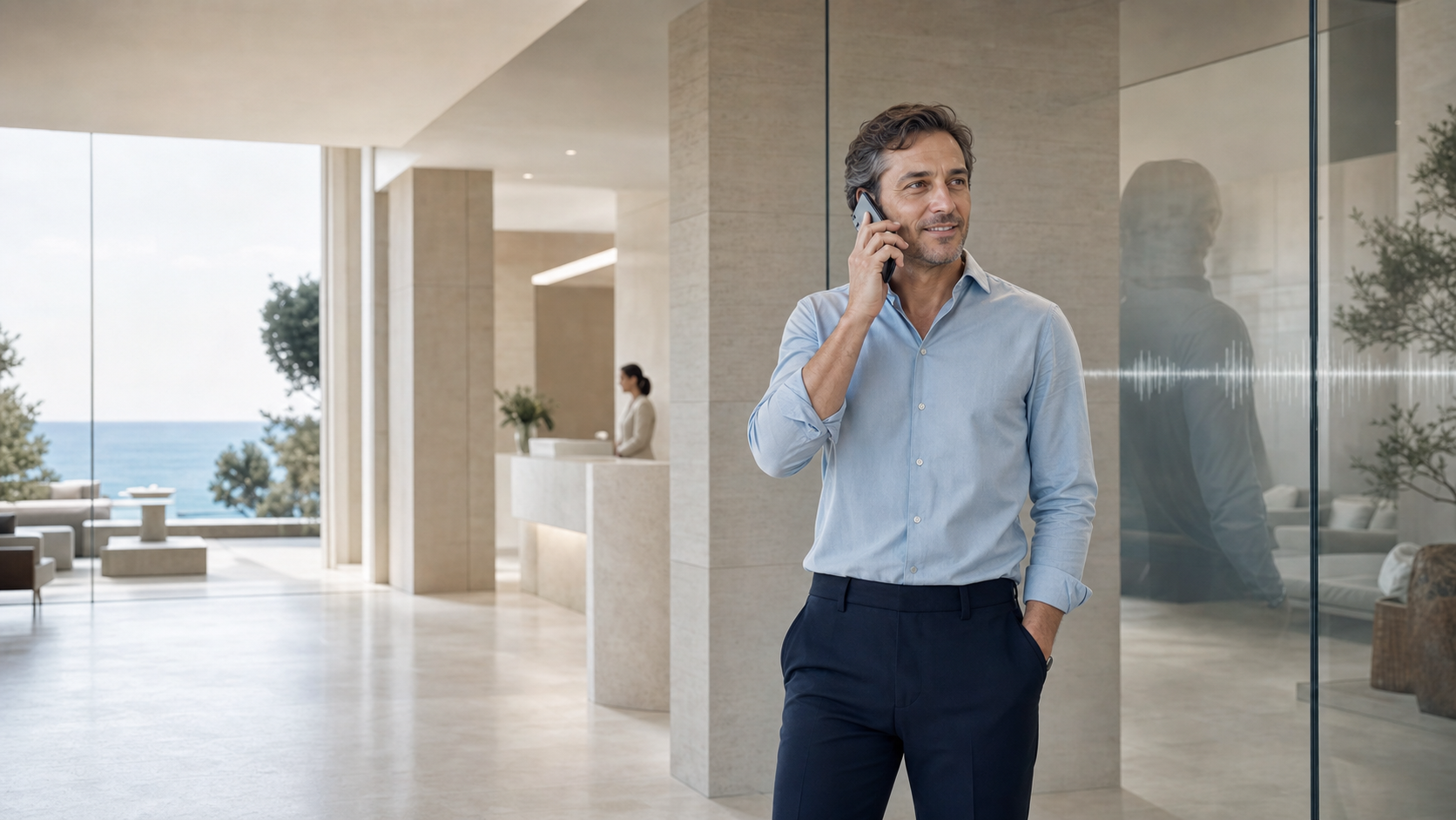 Cliente conversando con naturalidad en un espacio luminoso